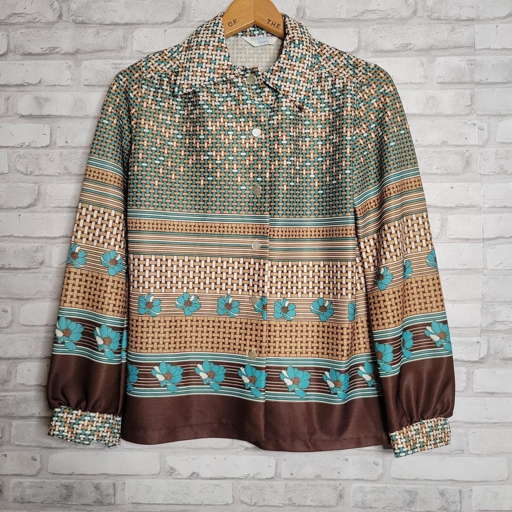 Vintage‎ 1970s Blouse Shacket brown aqua Sz M pop art floral mod hippie